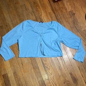 Plus size Baby blue ribbed zip front long sleeve crop top